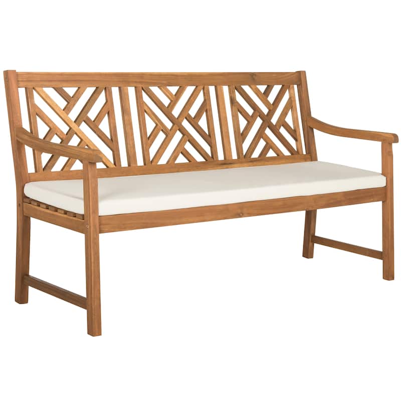 SAFAVIEH Outdoor Genara Solid Wood 3-Seat Bench with Cushion - 23Wx61Dx35H