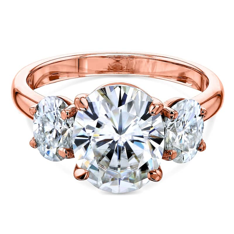 Kobelli 4 Carats Moissanite 14k Solid Gold Oval 3-Stone Plain Band Elena Engagement Ring - 7 - Rose