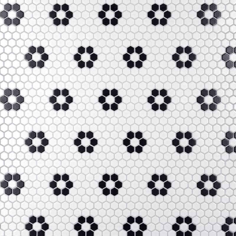 Merola Tile Metro 1" Hex Matte White w/Flower 10-1/4" x 11-7/8" Porcelain Floor and Wall Tile