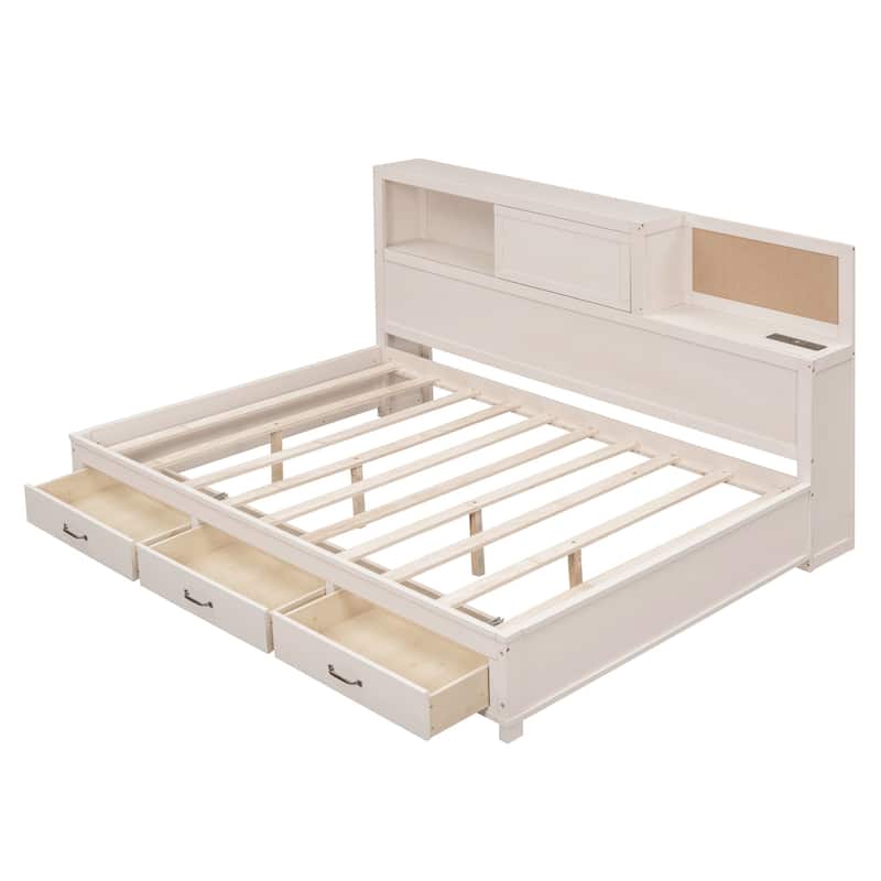 Multifunctional Wooden Daybed Featuring 3 Storage Drawers,Open Shelf, and Built-In Power Outlets with USB Ports‌