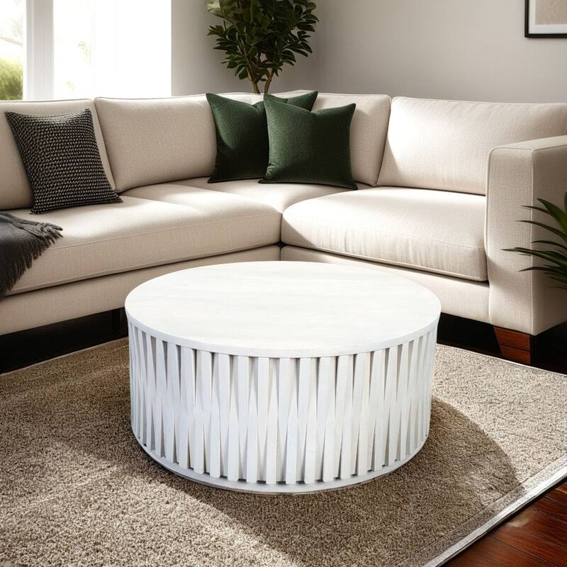 30" White Wooden Coffee Table - Round Shape Hi-Lo Vertical Woven Slats Accent Table - White