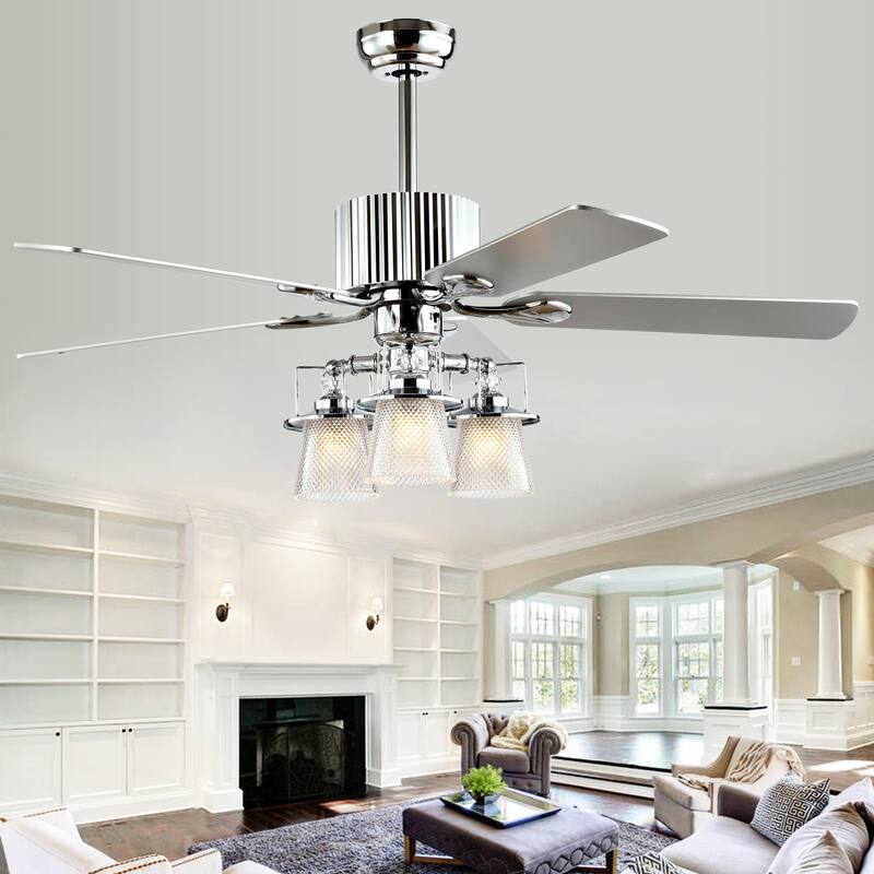 SAFAVIEH Lighting Dola 52-inch Ceiling Light Fan (with Remote) - 52" W x 52" L x 26" H - Silver/White Maple - 52Wx52Dx26H