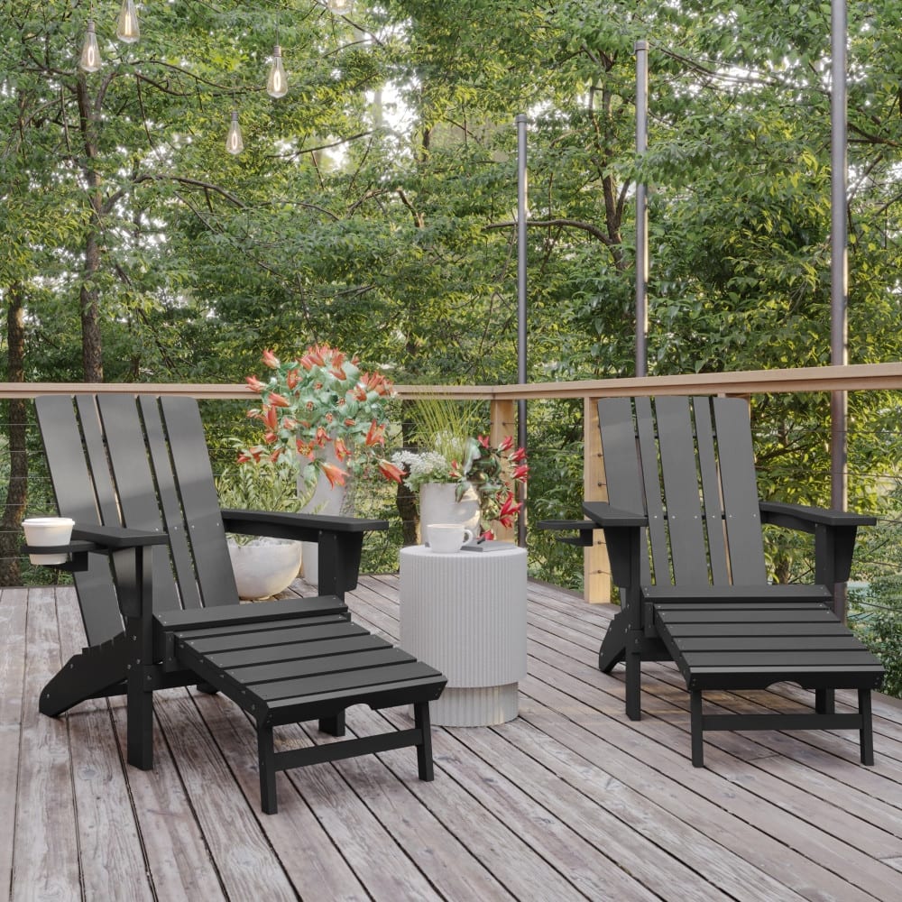 Commercial All-Weather Adirondack Chair with Pullout Ottoman & Cupholder