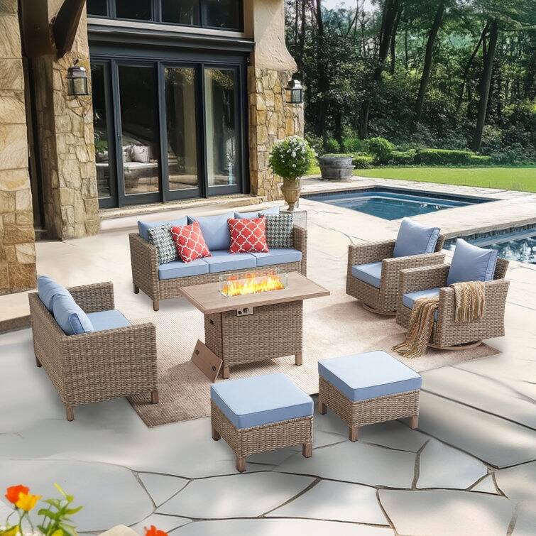 9 - Person Outdoor Wicker Patio Conversation Furniture Set With Swivel Chairs - Blue
