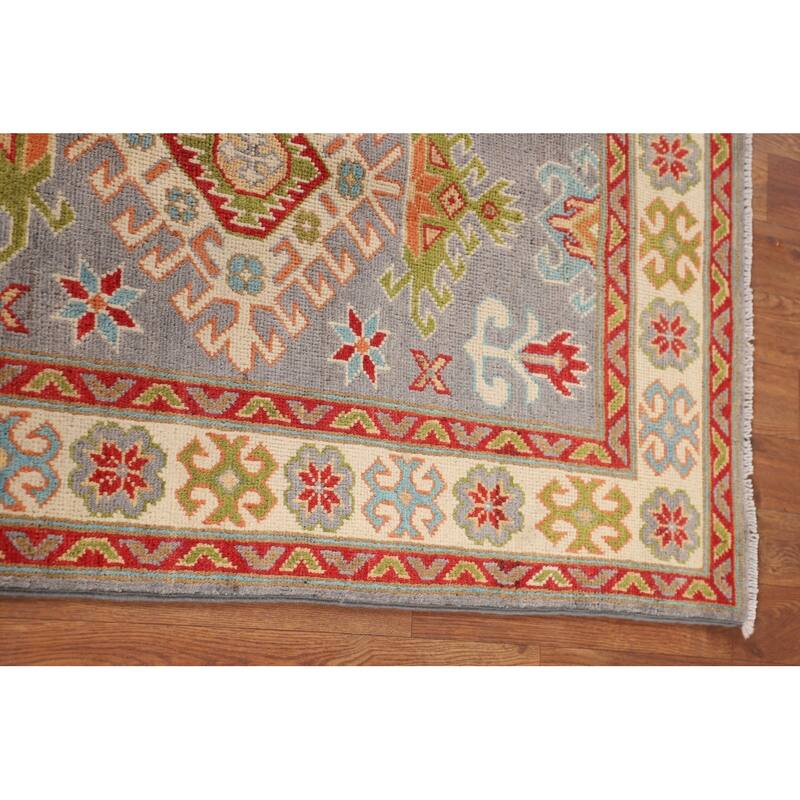 Gray Geometric Kazak Oriental Accent Rug Handmade Wool Carpet - 2'8" x 3'11"