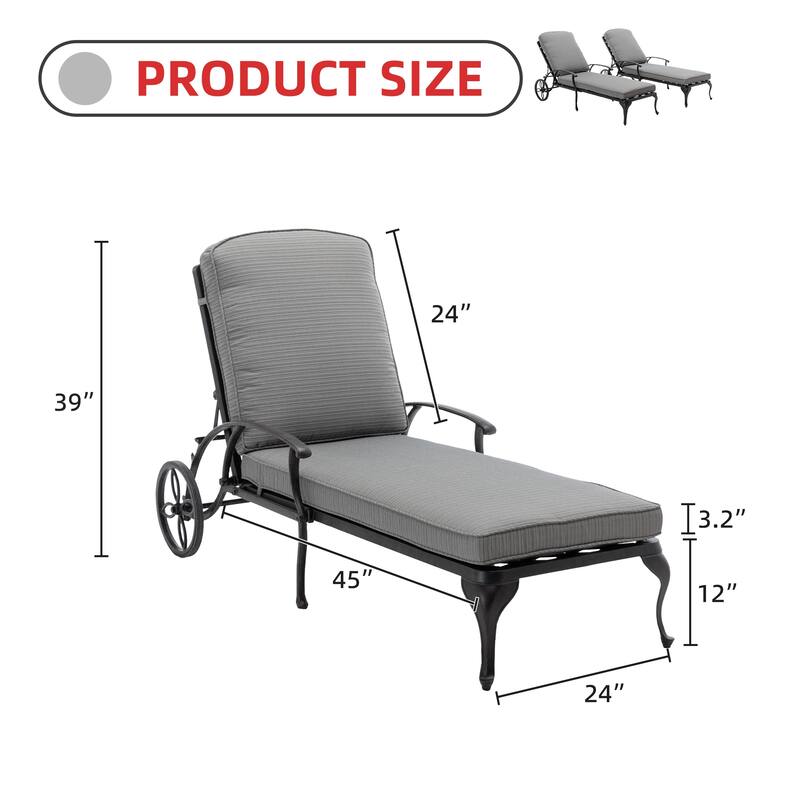 Aluminum Reclining Outdoor Chaise Lounge with Wheels and Cushions (Set Of 2)