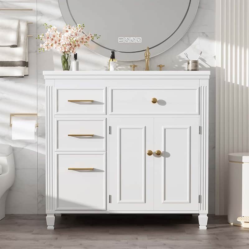 Bathroom Vanity Cabinet with Sink,with One Tip-out Drawer,3 Side Drawers,Adjustable Shelf - White