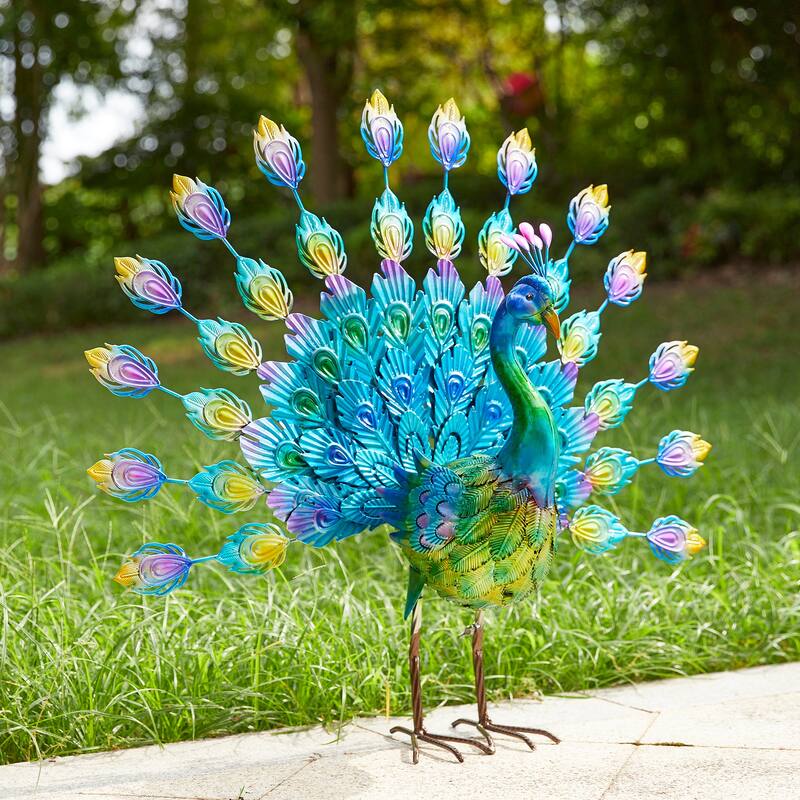 Glitzhome Metal Standing Peacock Garden Statue with Stakes for Indoor Outdoor - Tail Spread