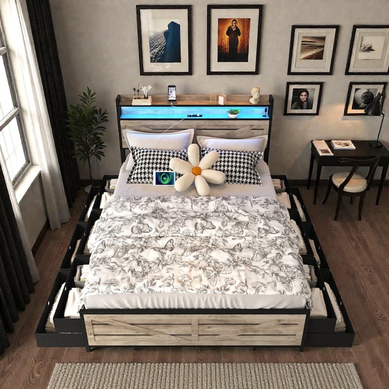 Full Size Bed Frame with Storage Headboard and 12 Drawers, LED Lights, Metal Platform Bed No Box Spring