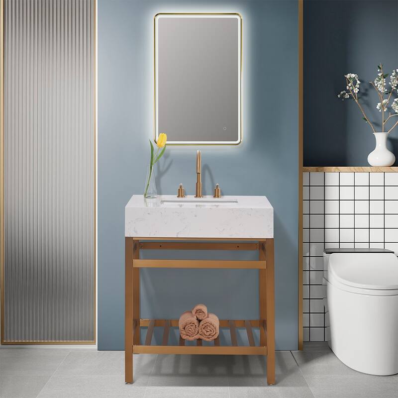 Altair Merano Stainless Steel Vanity Console with Stone Countertop and Mirror