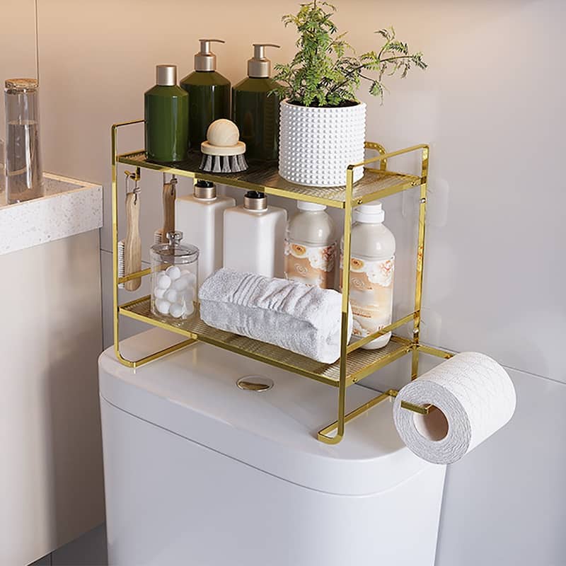 Over The Toilet Storage Shelf, 2-Tier Large Capacity Bathroom Storage Organizer With Paper Holder And 2 Hooks