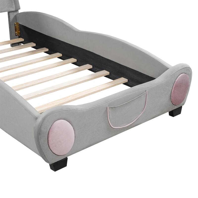 Twin Size Velvet Platform Bed with Bear-Shaped Headboard and Pocket
