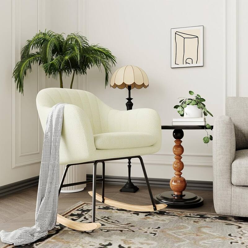 Upholstered Rocking Chair, Glider Chair With Cozy Cushion, Rocking Accent Chair With Rubber Wood Legs - Beige