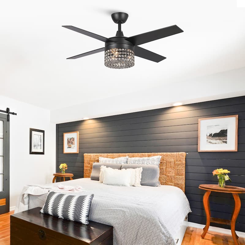 48" Black Wood 4-Blade Crystal Fandelier Ceiling Fan with Remote and Light