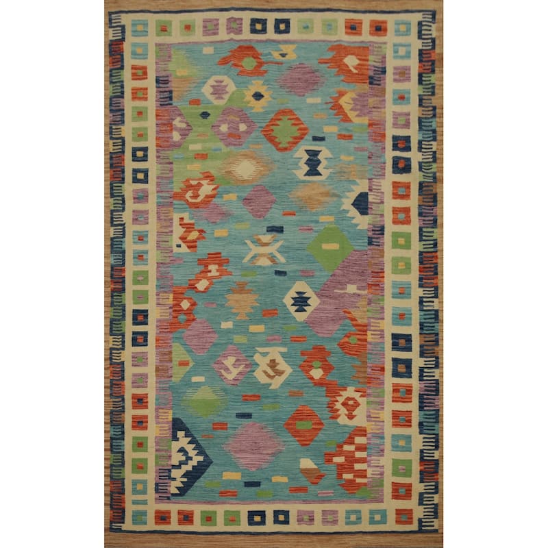 Hand Woven Oriental 100% Wool Carpet Southwestern Modern Navy Blue & Blues Kilim Area Rug - 9' 2'' X 6' 0''