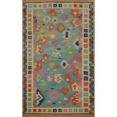 Hand Woven Oriental 100% Wool Carpet Southwestern Modern Navy Blue & Blues Kilim Area Rug - 9' 2'' X 6' 0''