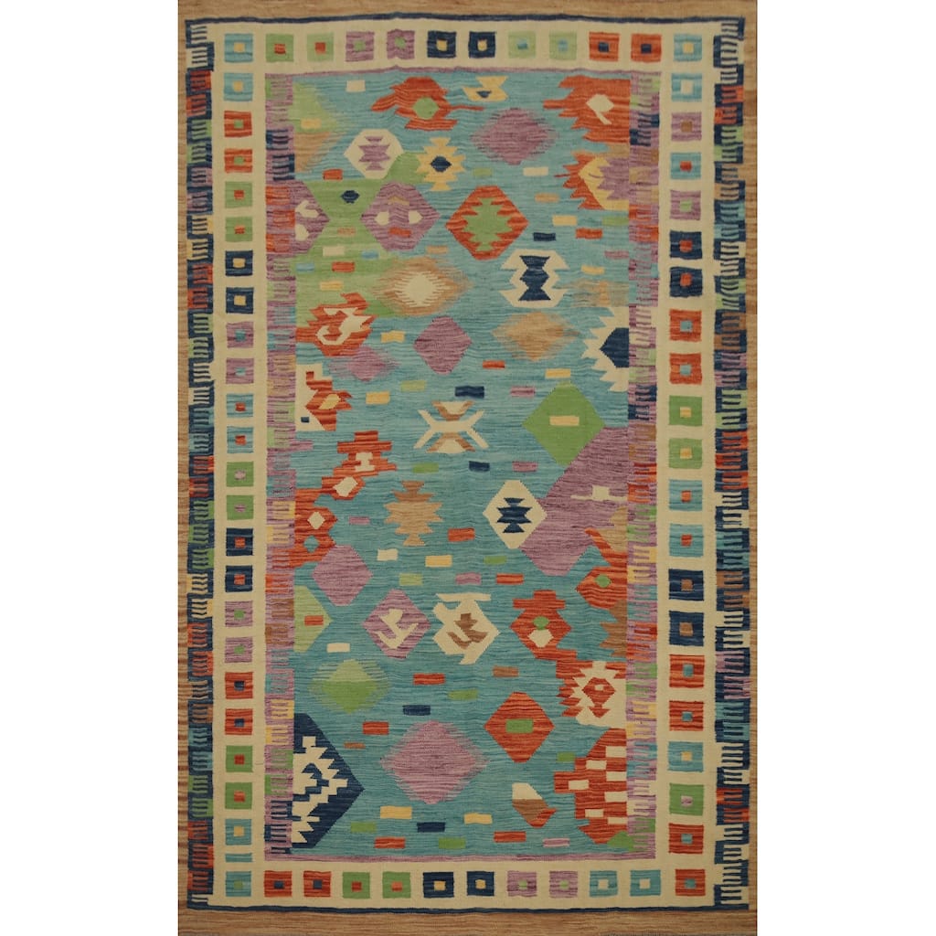 Hand Woven Oriental 100% Wool Carpet Southwestern Modern Navy Blue & Blues Kilim Area Rug - 9' 2'' X 6' 0''