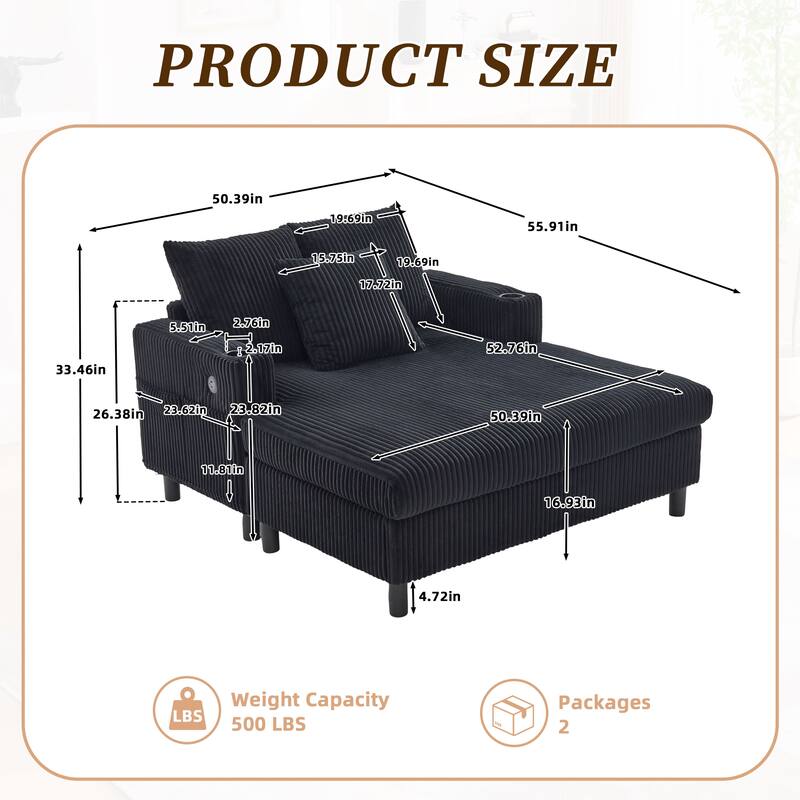 Recliner Sofa Loveseat with Chaise Lounge, Sleeper Sofa with USB & Type-C Charging Ports, Sofa Bed with Cup Holders