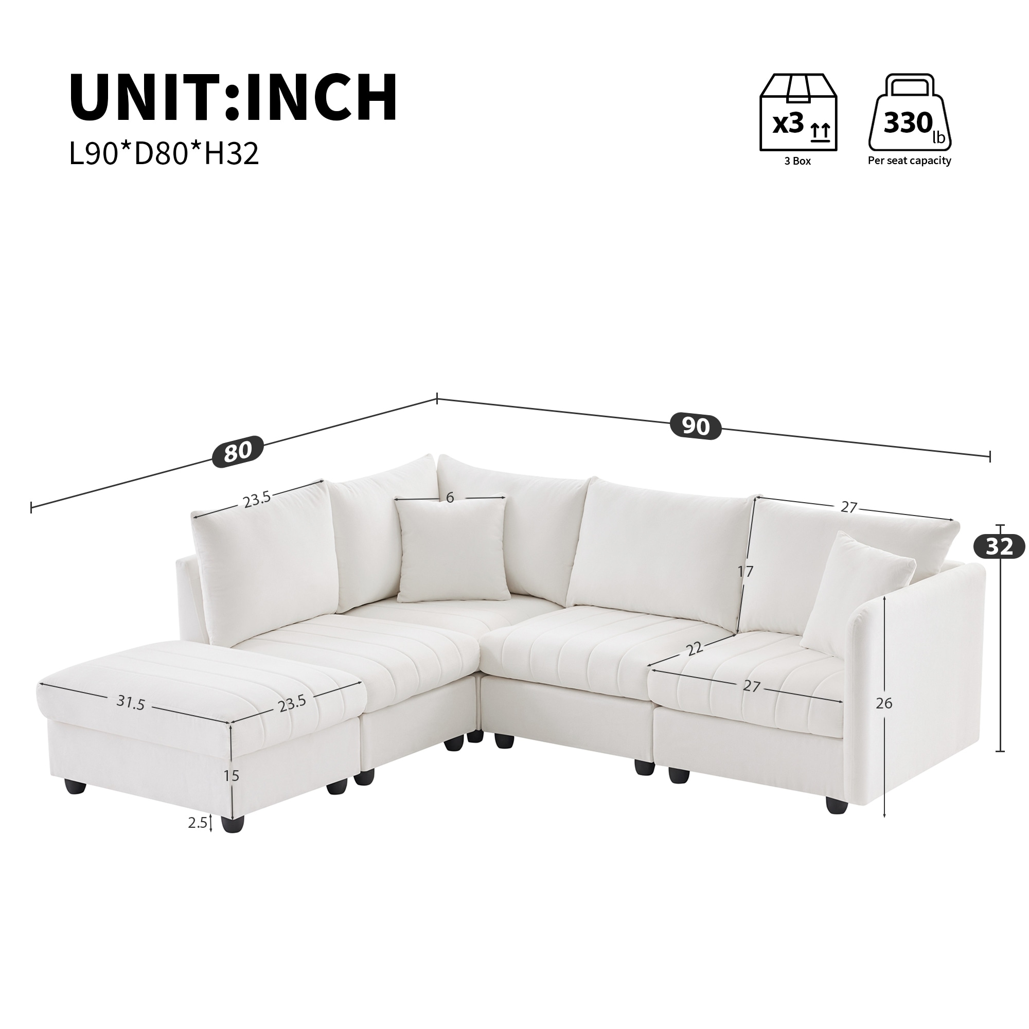 Modern Modular Sectional Sofa With Deep Seat 5-Seat Corner Couch Movable Ottoman Throw Pillows