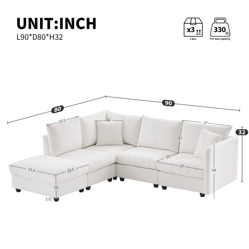 Modular L-Shaped Sectional Sofa with Movable Ottoman, 5 Seat Corner Couch with Throw Pillows, Comfy Cloud Upholstered Sofa - White