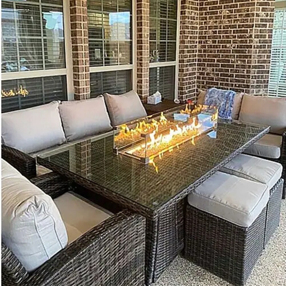 Ovios 10 Pieces Outdoor Patio Sectional Furniture With 54 Gas Propane Fire Pit Table All-Weather Rattan Wicker Conversation Set With Swivel Glider Rocking Chair And Bright Table For Backyard