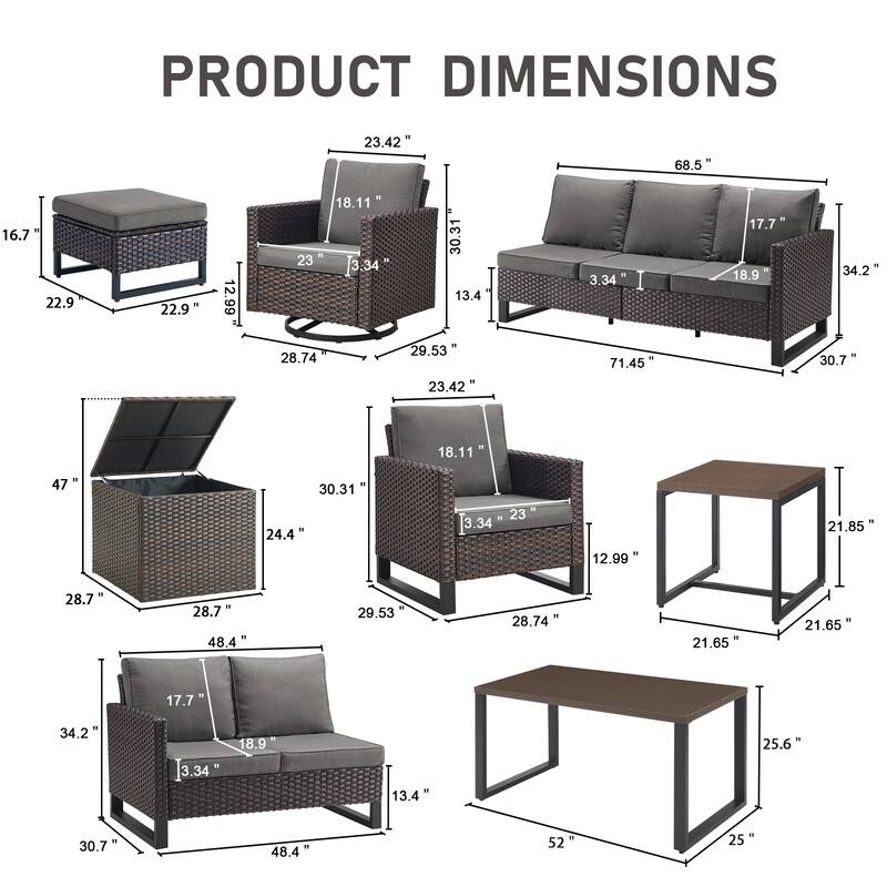 Gymojoy 9-11 Person Outdoor Courtyard Wicker Family Party Conversation Set Group With Swivel Chairs And 52" Table