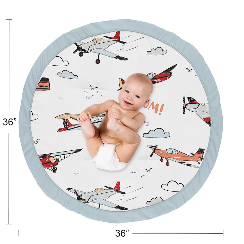 Vintage Airplane Boy Baby Tummy Time Playmat - Grey Yellow Orange Red White Blue Airplanes Air Plane Transportation Clouds Sky