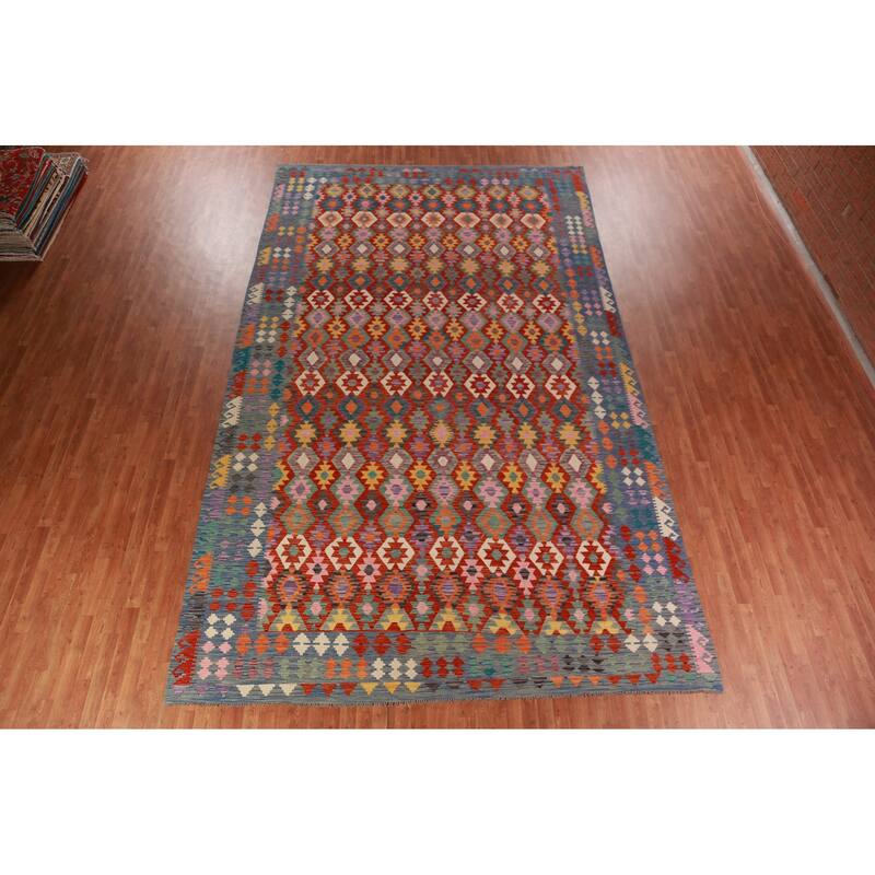 Geometric Kilim Oriental Large Rug Flatweave Dining Room Wool Carpet - 9'10"x 16'1"