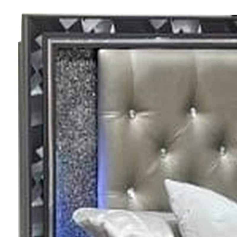 Bet Queen Bed, Storage Drawers, Silver Faux Leather Upholstery, LED, Black