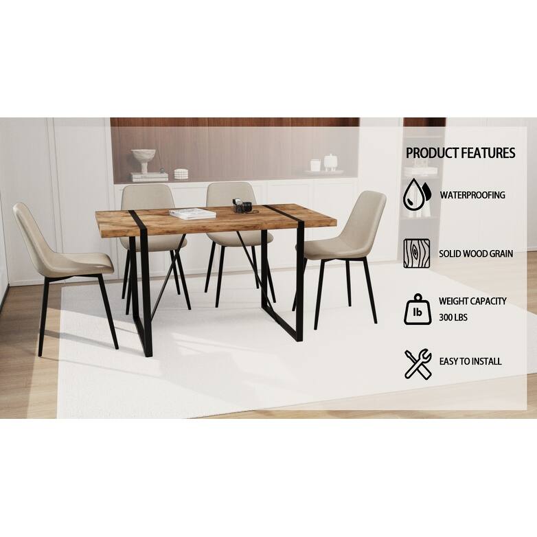 MDF dark wood dining table and modern dining chair 4-piece set, medieval wooden kitchen dining table set, rectangular metal base