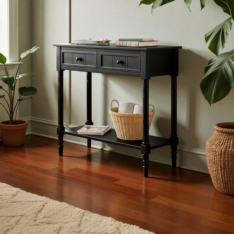 Daisy Series Traditional Console Table with 2 Drawers and Bottom Shelf, Solid Pine Wood Entryway Accent Table
