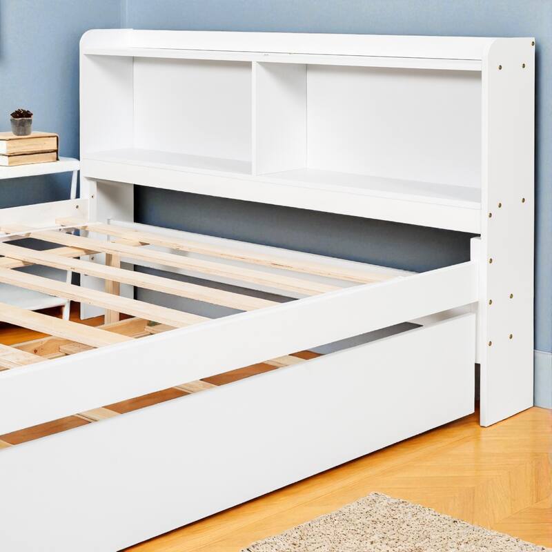 Twin/Full Bed Frame with Pull-Out Trundle and Bookcase Headboard, No Box Spring Needed