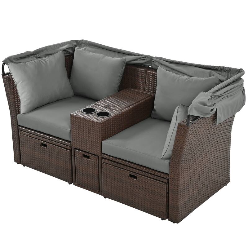 Convertible Outdoor Patio Daybed Loveseat Sofa Set with Retractable Canopy and Central Console