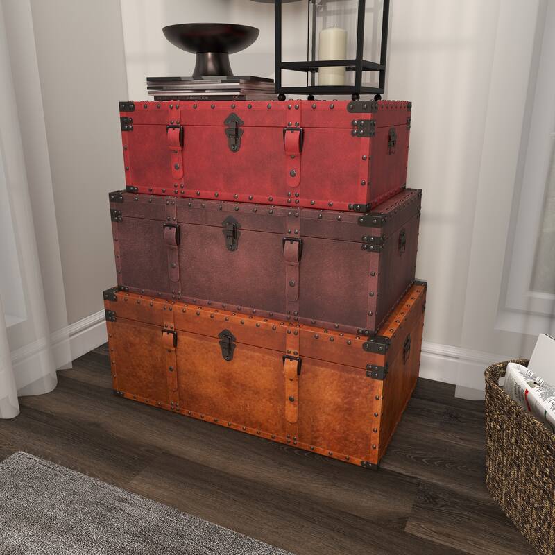 Brown Wood Nesting Upholstered Decorative Trunk with Vintage Accents and Studs (Set of 3)