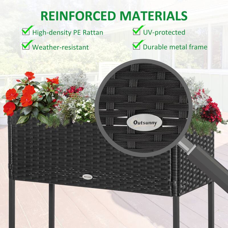 Outsunny Elevated Metal Raised Garden Bed with Rattan Wicker Look, Underneath Tool Storage Rack