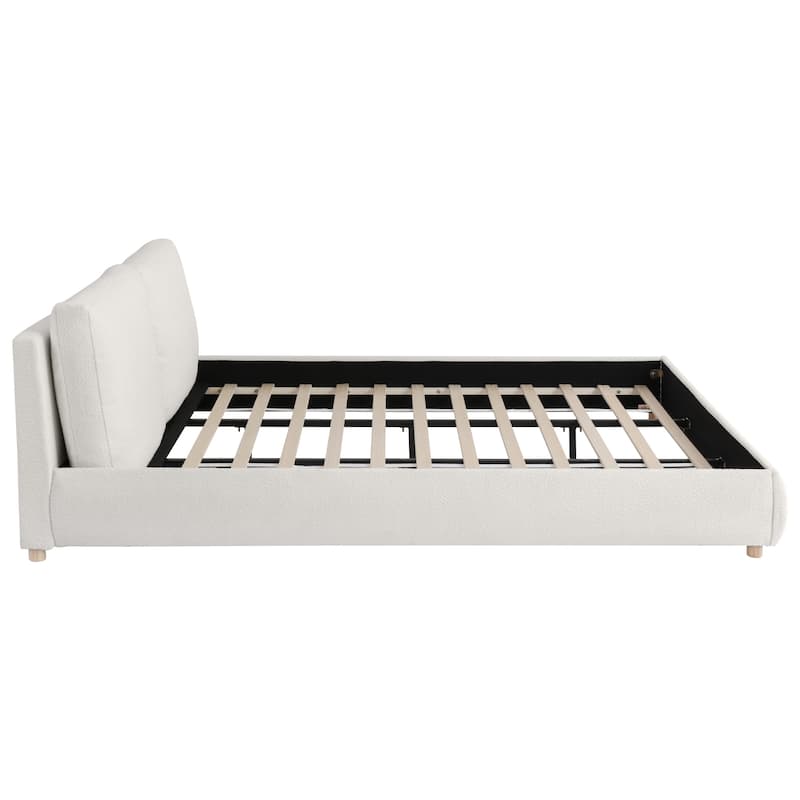 King Size Upholstered Platform Bed with Removable Pillow Headboard, Boucle Fabric, White