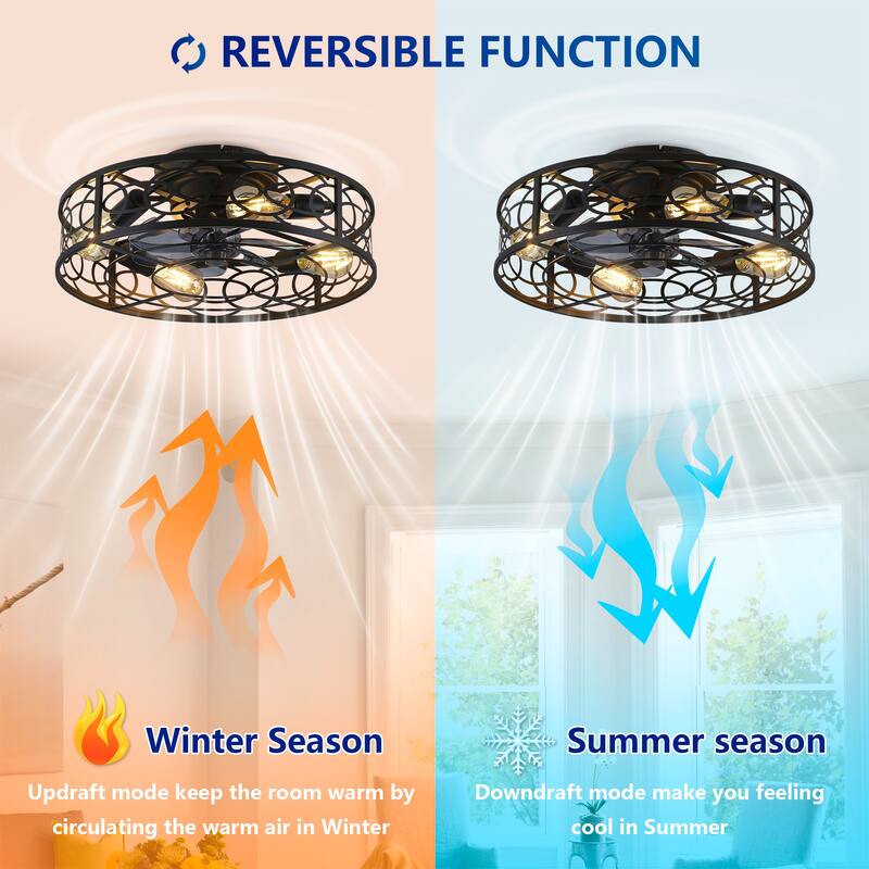 20" Low Profile Caged Ceiling Fans with Lights and Remote, Farmhouse Flush Mount Ceiling Fan with 6 Speeds Reversible Motor