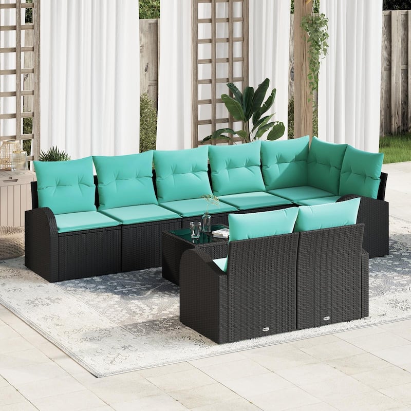 vidaXL 8/9 Garden Sofa Set with Cushions Black/Brown/Grey Poly Rattan - 113.8 x 48.8 x 27.2 - Black with table