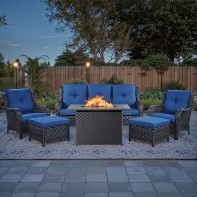 Outdoor Propane Fire Pit Table with Sofa Chair Ottoman - Brown