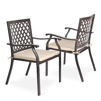 Aoodor Outdoor Patio Metal Stackable Dining Chairs 2-Piece Set with Curved Armrests and Strapped Seat Cushions