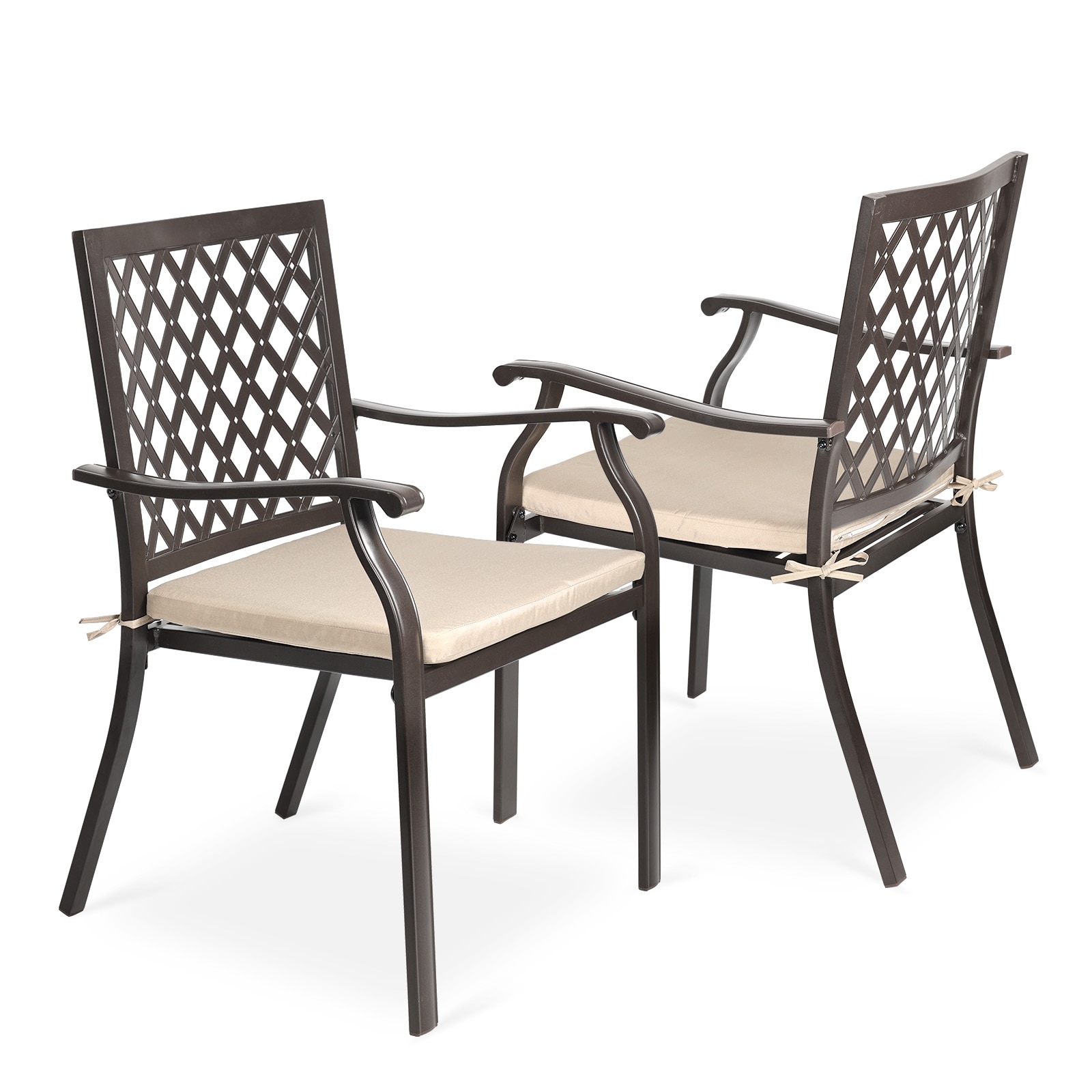 Aoodor Outdoor Patio Metal Stackable Dining Chairs 2-Piece Set with Curved Armrests and Strapped Seat Cushions