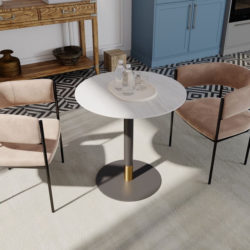 Vail 28" Round Dining Table, Modern MDF Pedestal Kitchen Table with Brushed Gold Accent Steel Base, Bistro for 2