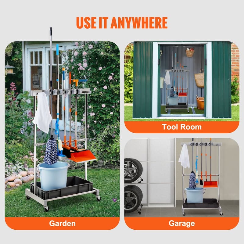 Silver Stainless Steel 10 Slots Garden Tool Organizer Rack with 4 Fixed Hooks and 4 Swivel Wheels - 48.9 x 20 x 26 in