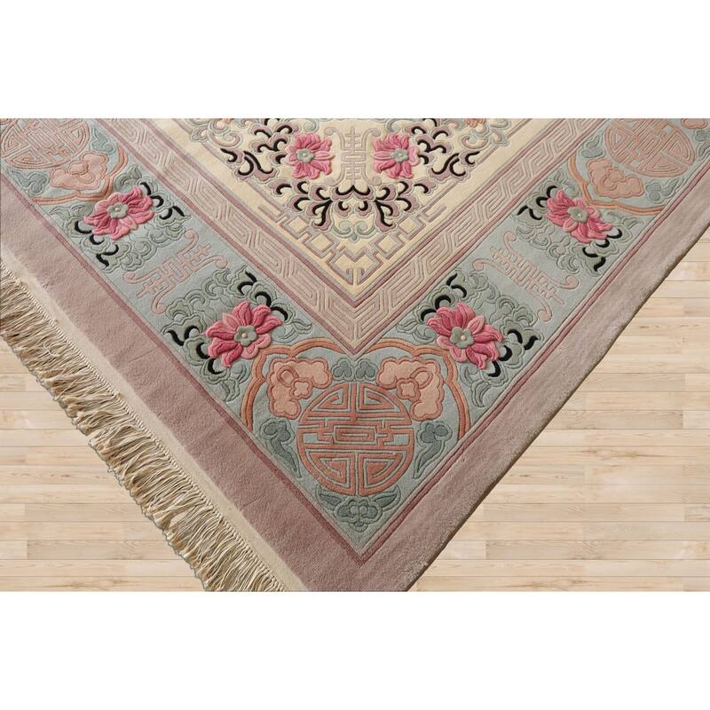 9'6''x14 Hand Knotted Wool IvoryPlush Pile Aubusson Savonnerie Traditional Rug - 9' 6'' x 14'