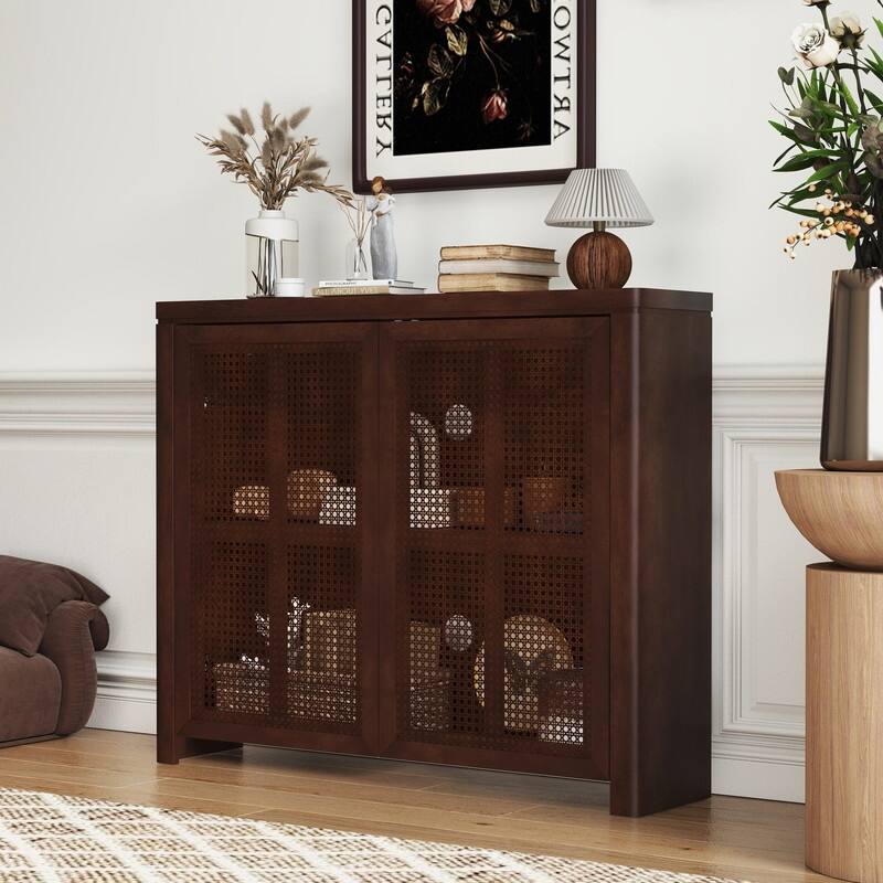 Mid Century Modern 63" Wide 2 - Cane Rattan Door Storage Sideboard, Retro Wine Bar Credenza for Living Room Entryway Kitchen