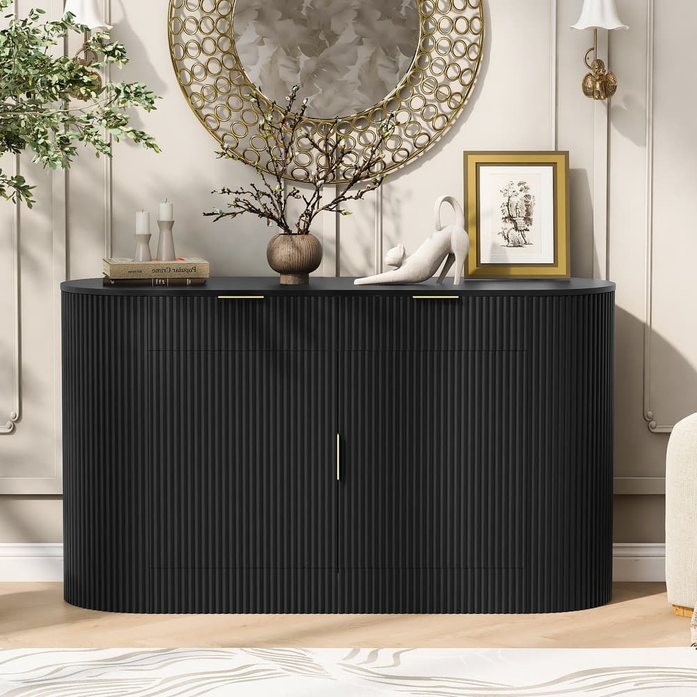 55.1" Modern Storage Cabinet with 2 Doors & 2 Drawers, Stripe MDF Sideboard with Curved Door & 3-Tier Shelves for Multiple Rooms