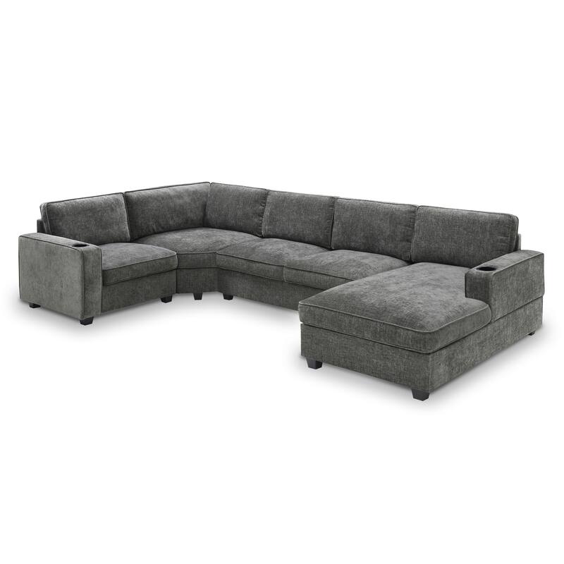 119*67" U Shaped 6 Seat Chenille Sectional Sofa with Chaise and Cup Holders, Gray