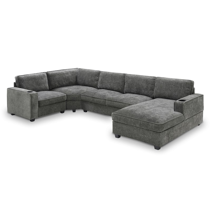 U Shaped Sectional Sofa, Chenille Corner Couch Set with Cup Holders