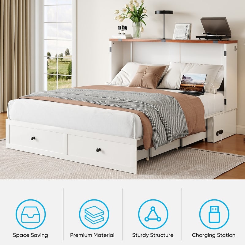 Mixoy Modern Full/Queen Size Murphy Bed Chest with Mattress and Storage