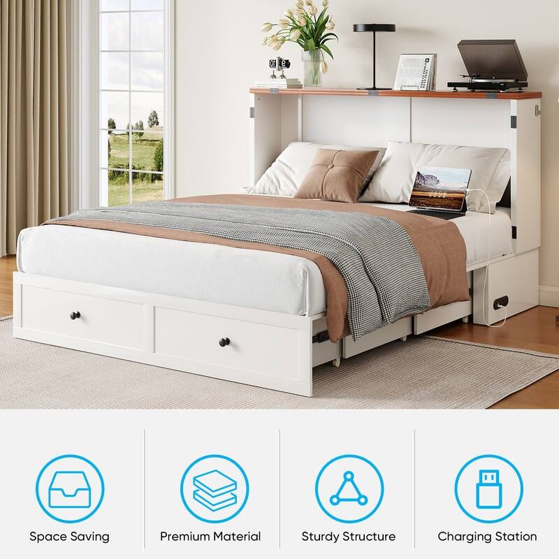 Mixoy Modern Full/Queen Size Murphy Bed Chest with Storage，USB Charging Station，No Mattress